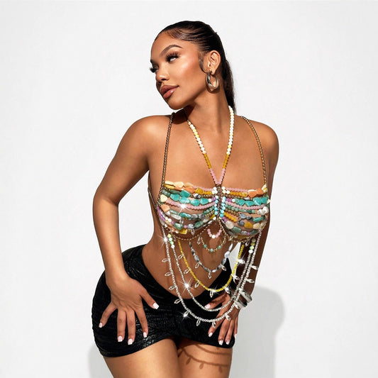 Backless Colored Gem Body Chains Halter Tops