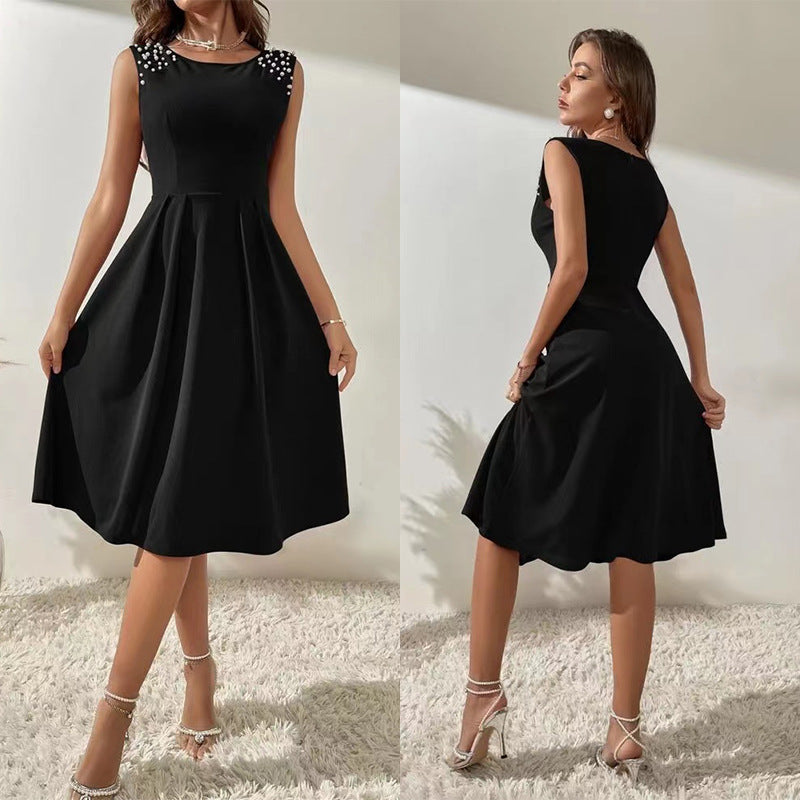 Women's Round Neck Bead Sleeveless Princess Dress