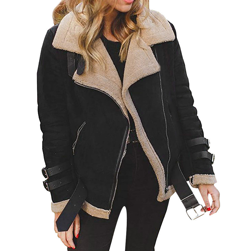 Women's Motorcycle Faux Deerskin Cashmere Lamb Wool Coats