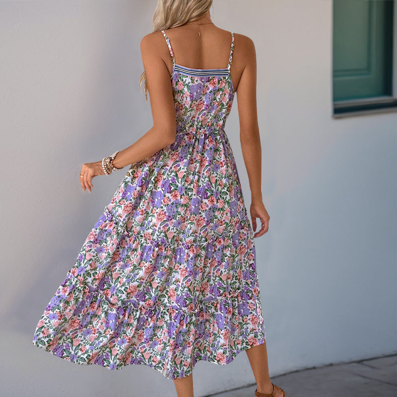 Casual Layered Suspender Drawstring Floral Print Dresses