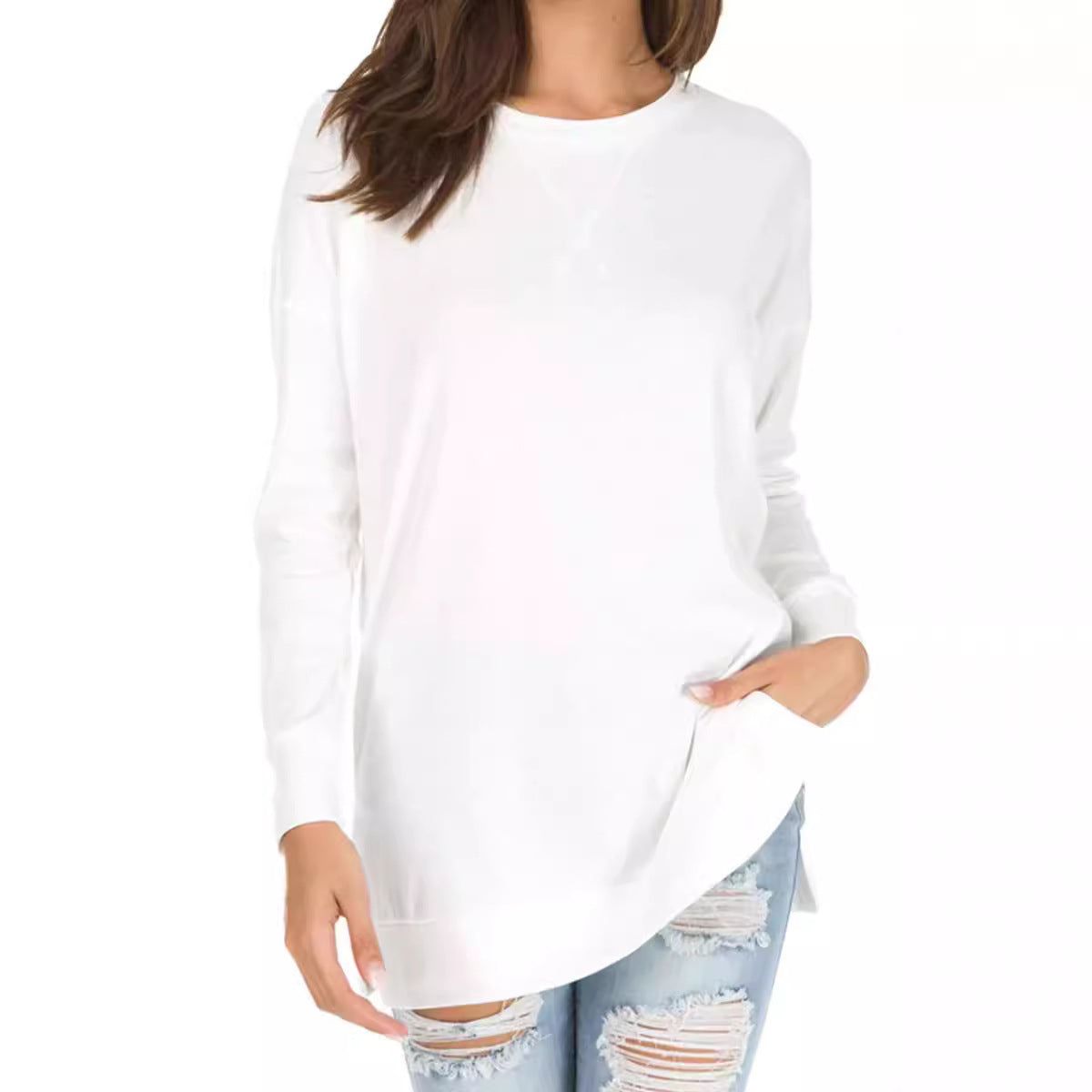 Women's Popular Slit Loose Round Neck Long Blouses