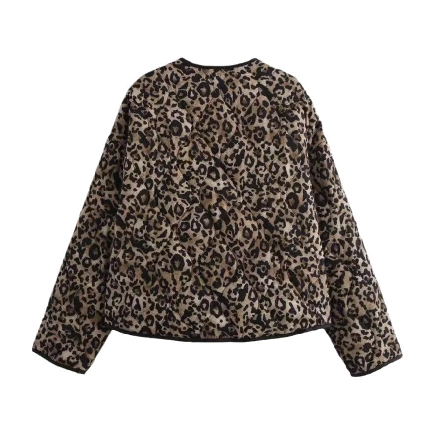 Women's Leopard Print Round Neck Cotton Jackets