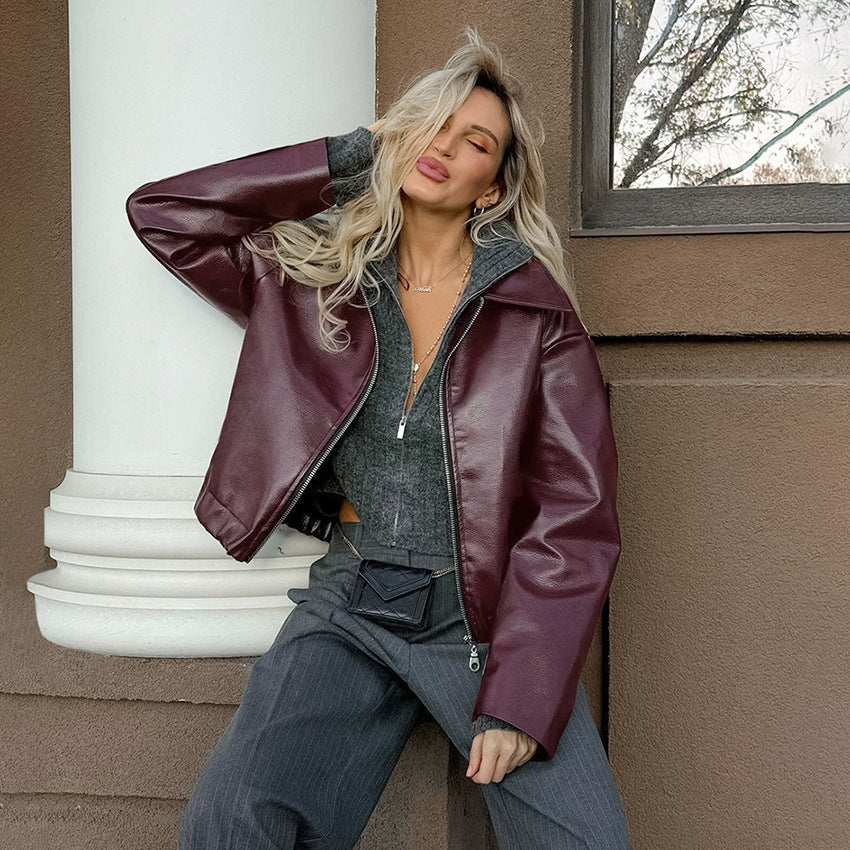 Women's Style Wine Red Leather Autumn Fashionable Jackets
