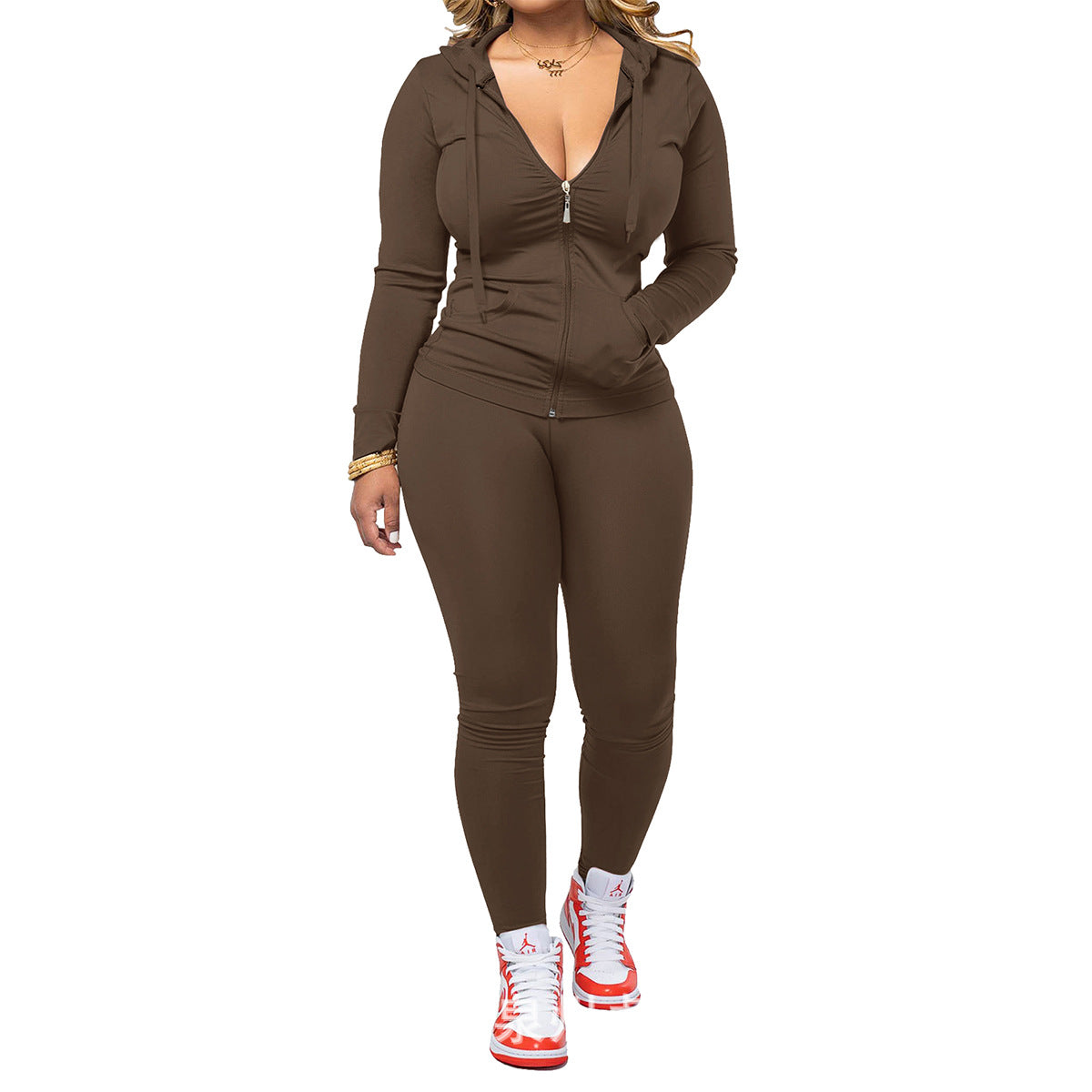 Women's Neck Zipper With Trousers Two-piece Set Fashion Casual Suit