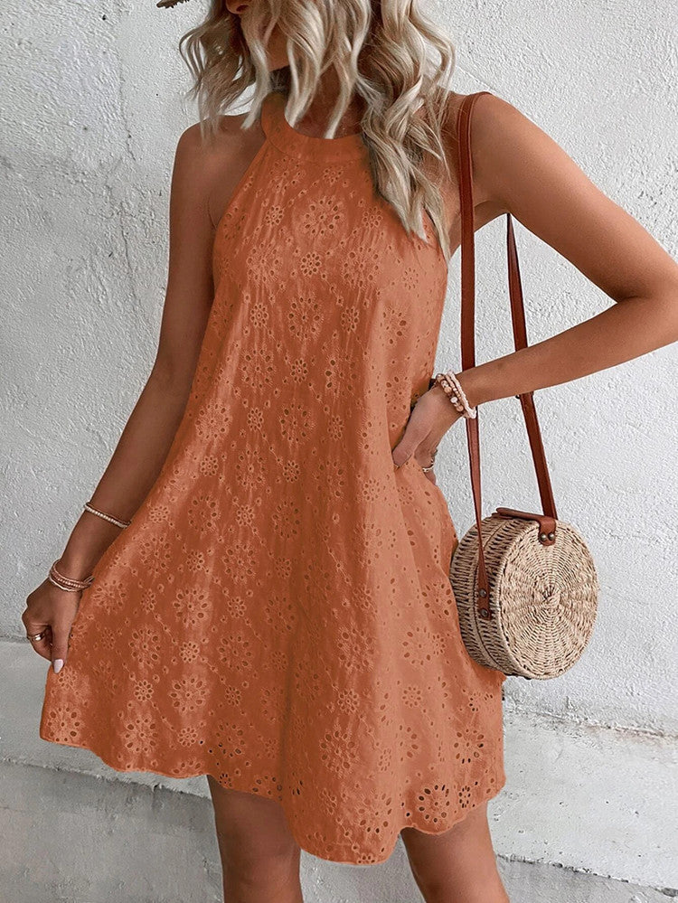 Women's Summer Lace Solid Color Sleeveless Button Dresses