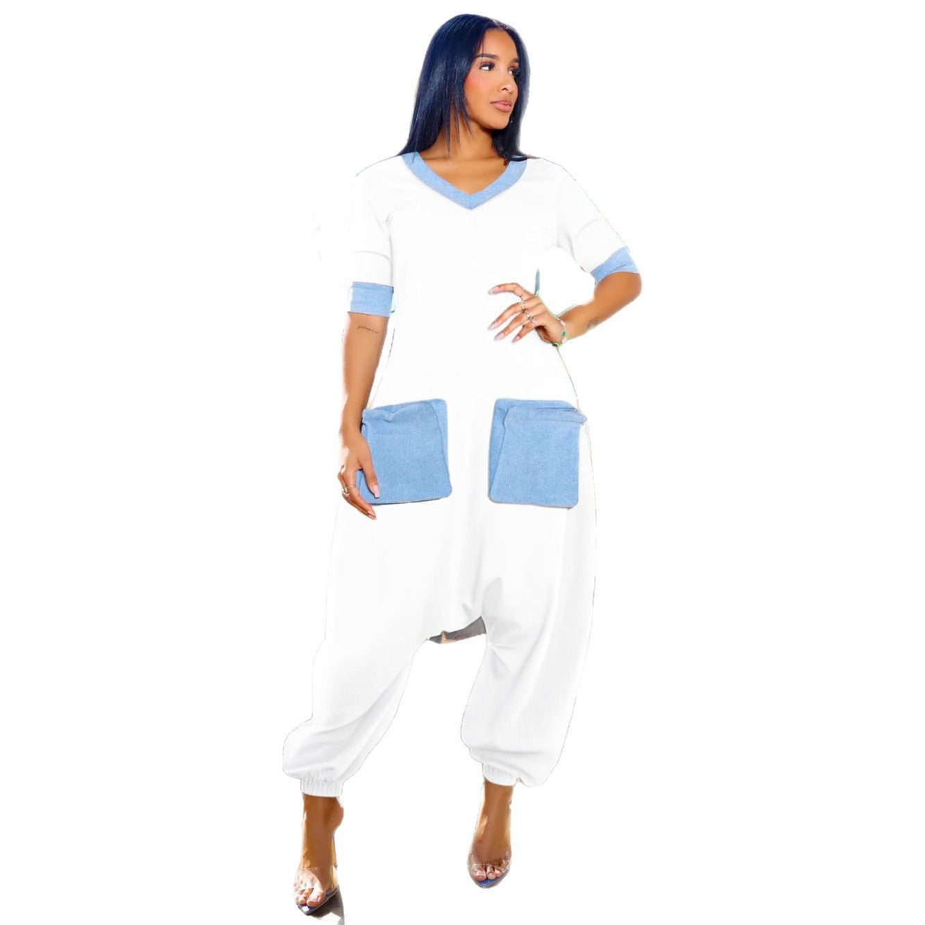 Commute Denim Stitching Contrast Color Loose Jumpsuits