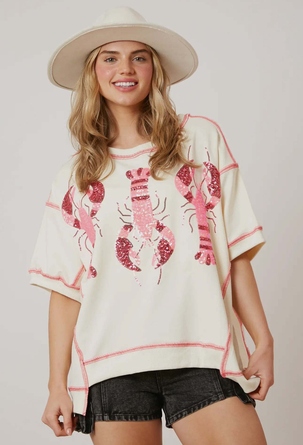 Women's Summer Loose Casual Lobster Sequined T-shirt Blouses