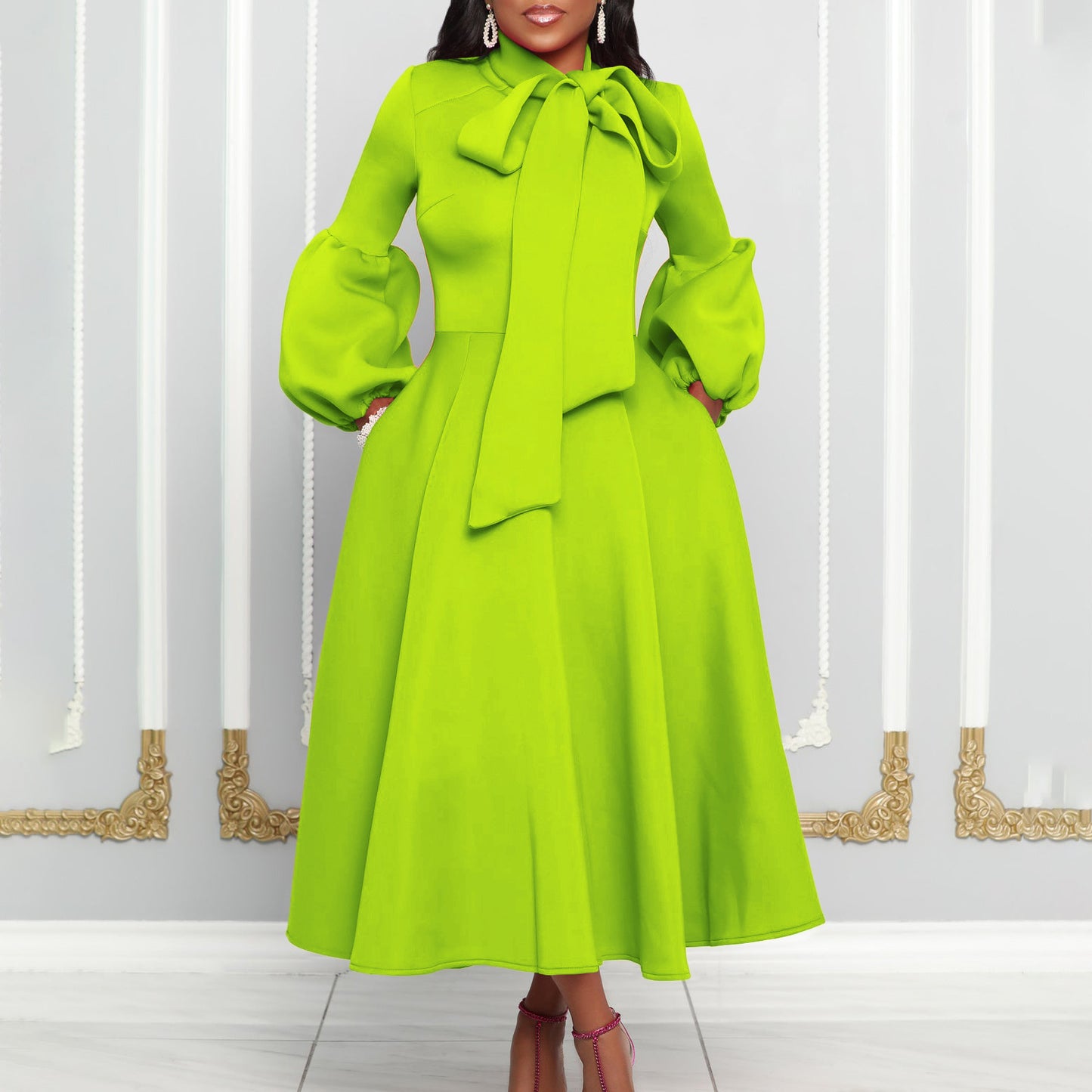 Women's Puff Sleeve Bow Large High Waist Skirts