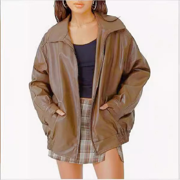 Women's Oversized Leather Fashion Loose-fitting Long Sleeves Jackets