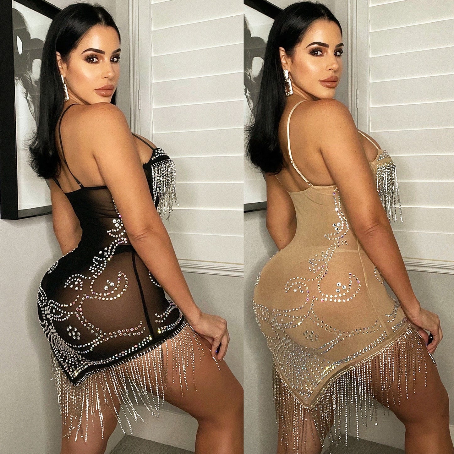 Women's Summer Sexy Mesh Rhinestone Strap Tassel Dresses