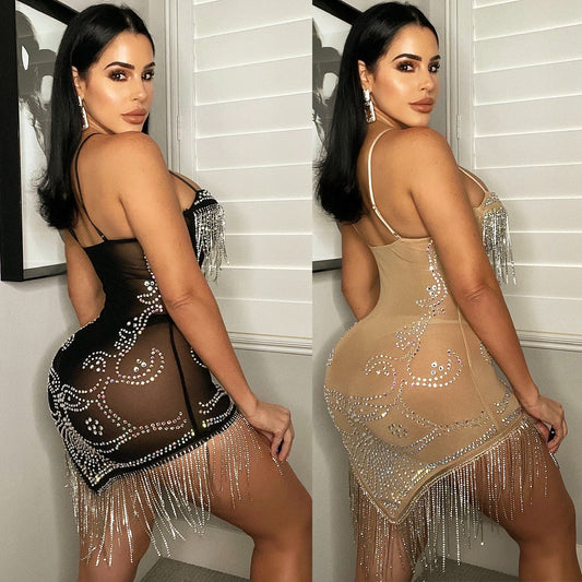 Women's Summer Sexy Mesh Rhinestone Strap Tassel Dresses