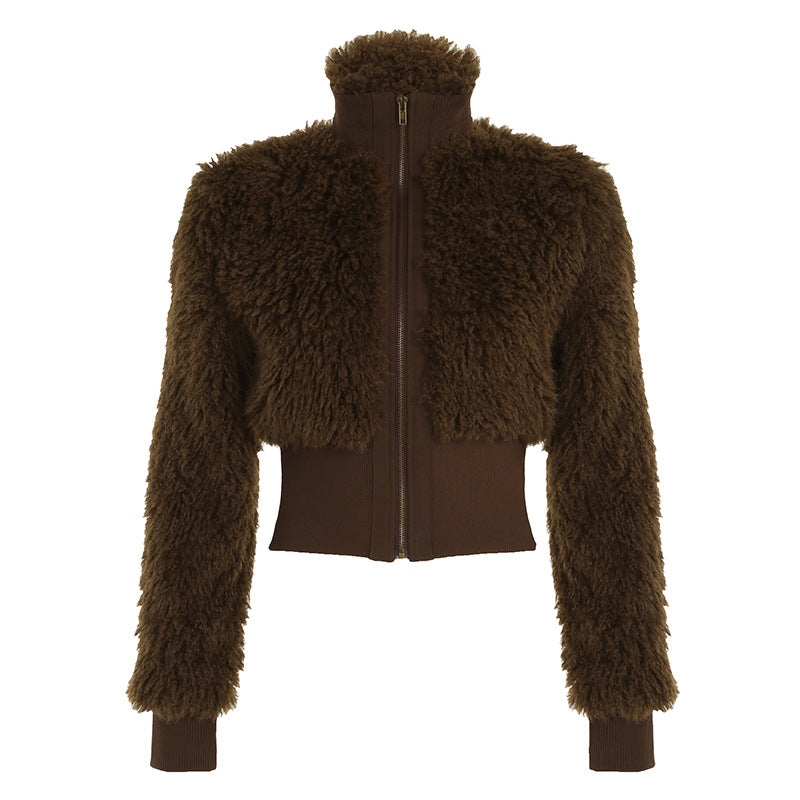 American Retro Brown Fur Lapel Zipper Jackets