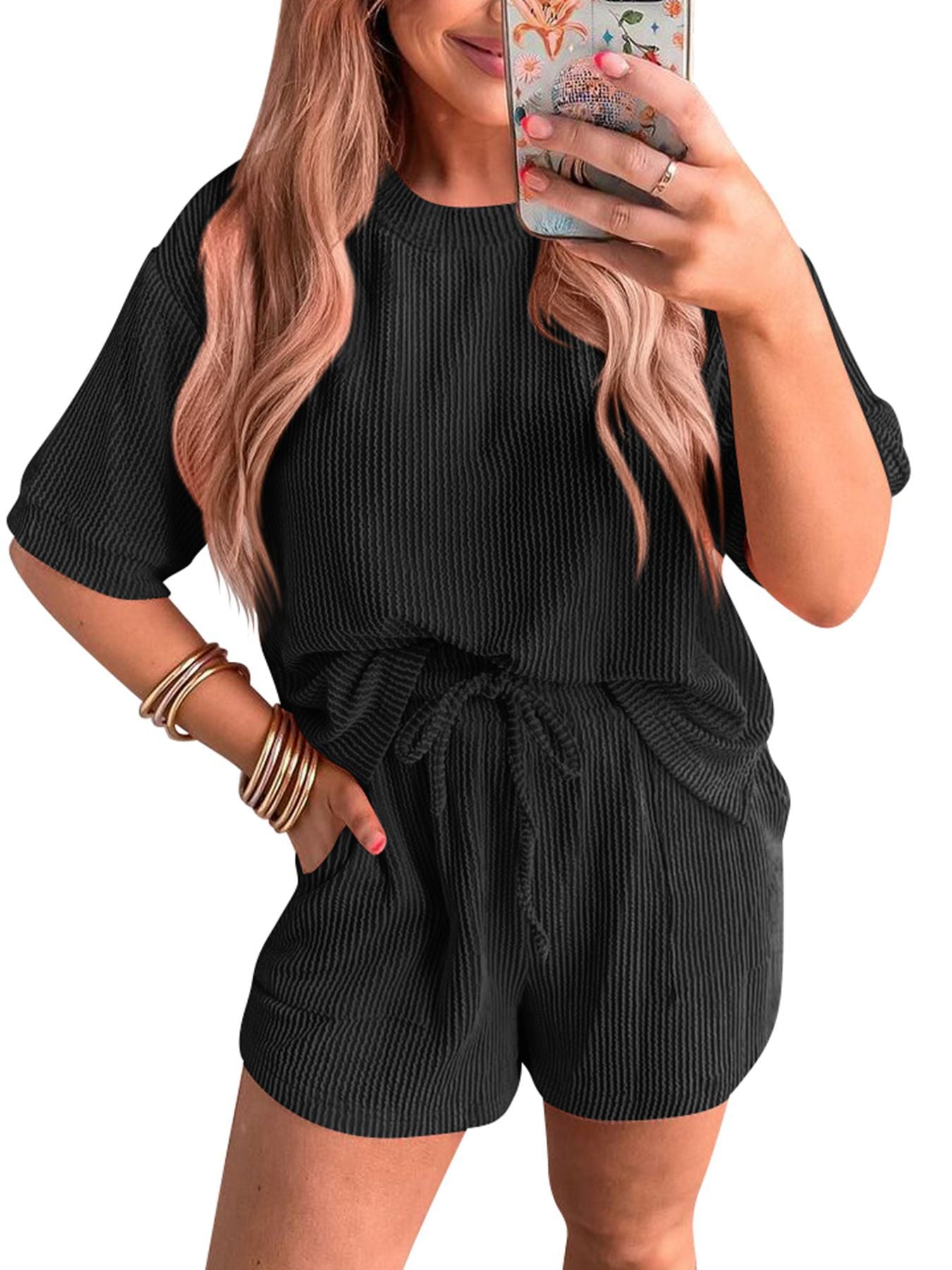 Women's Twist Strip Sleeve Drawstring Casual Suits