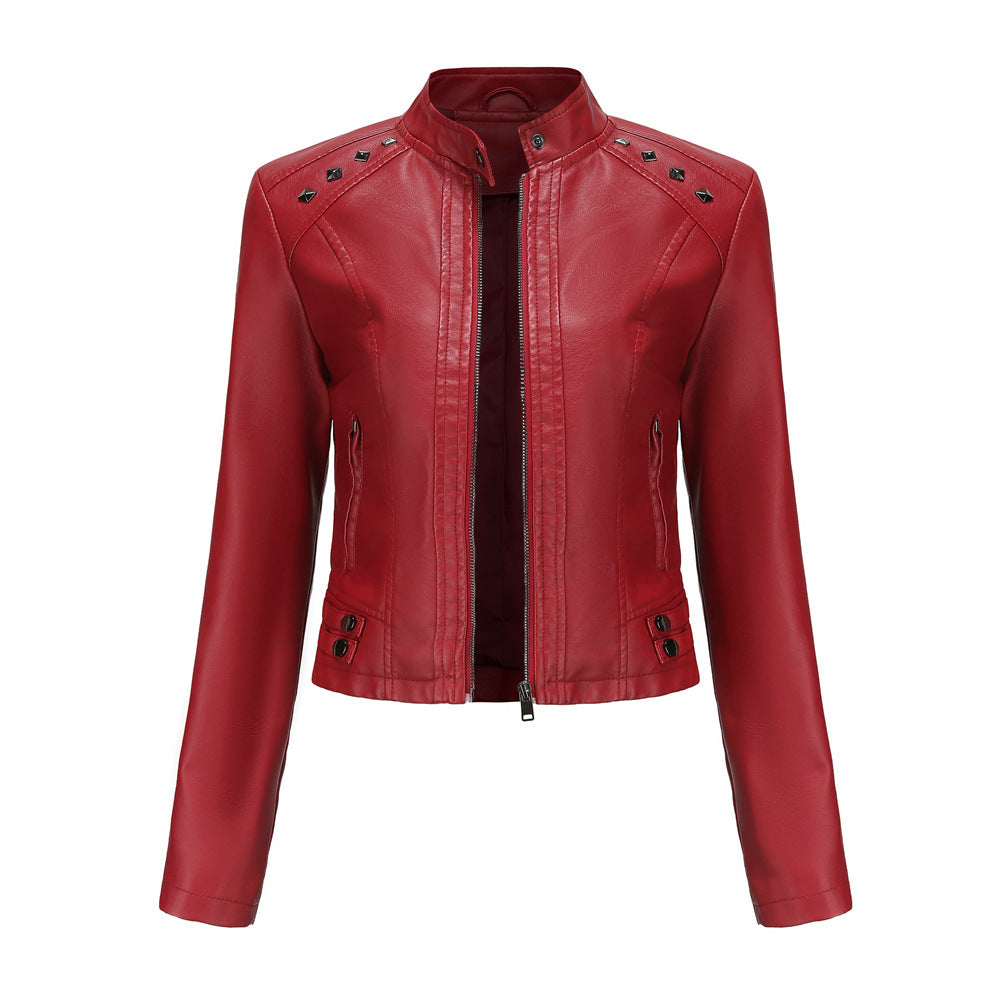 Women's Rivet Leather Long-sleeved Stand Collar Fashion Jackets