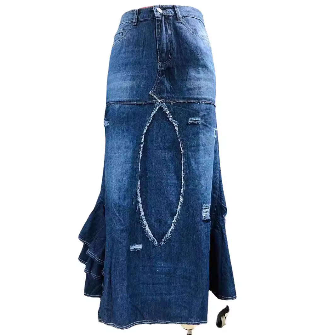 Women's Slouchy Denim Hot Stitching Irregular Skirts