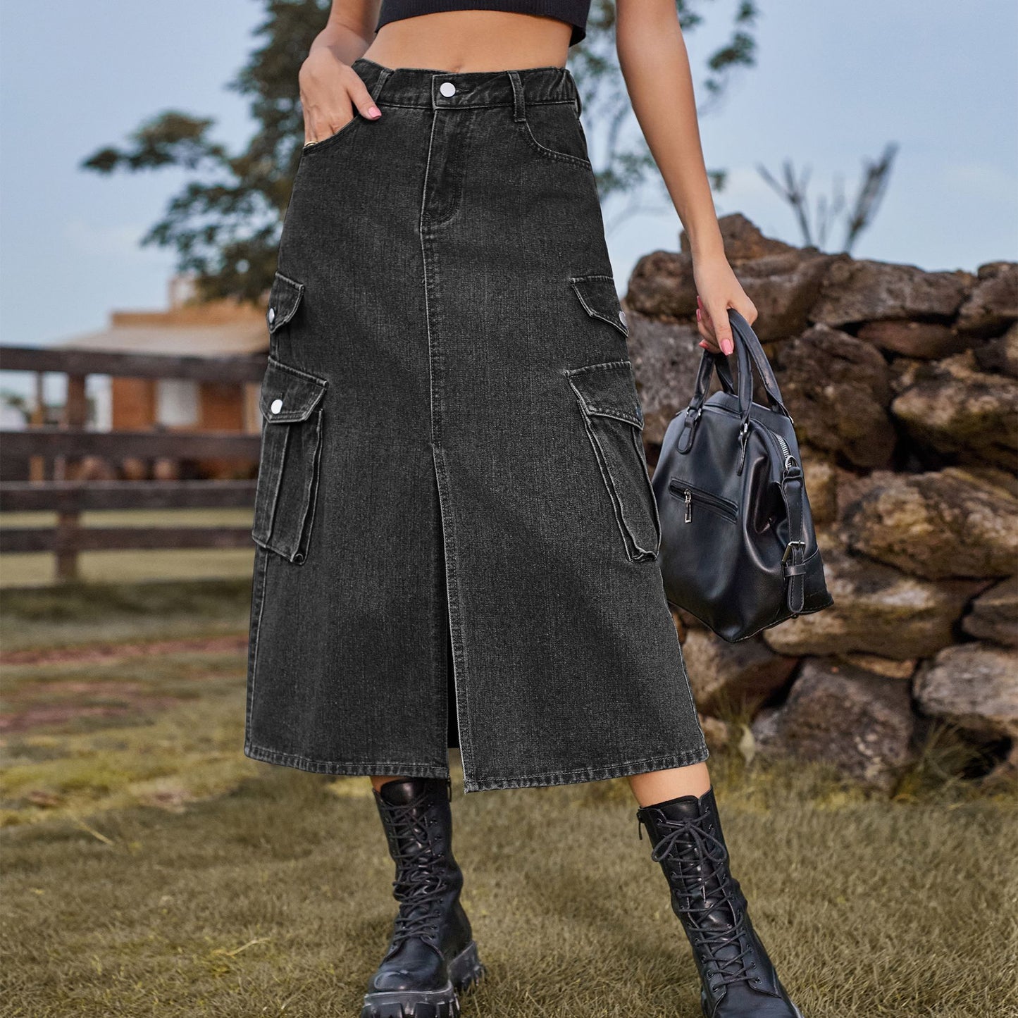 Women's American Hot Elastic Waist Denim Cargo Casual Skirts