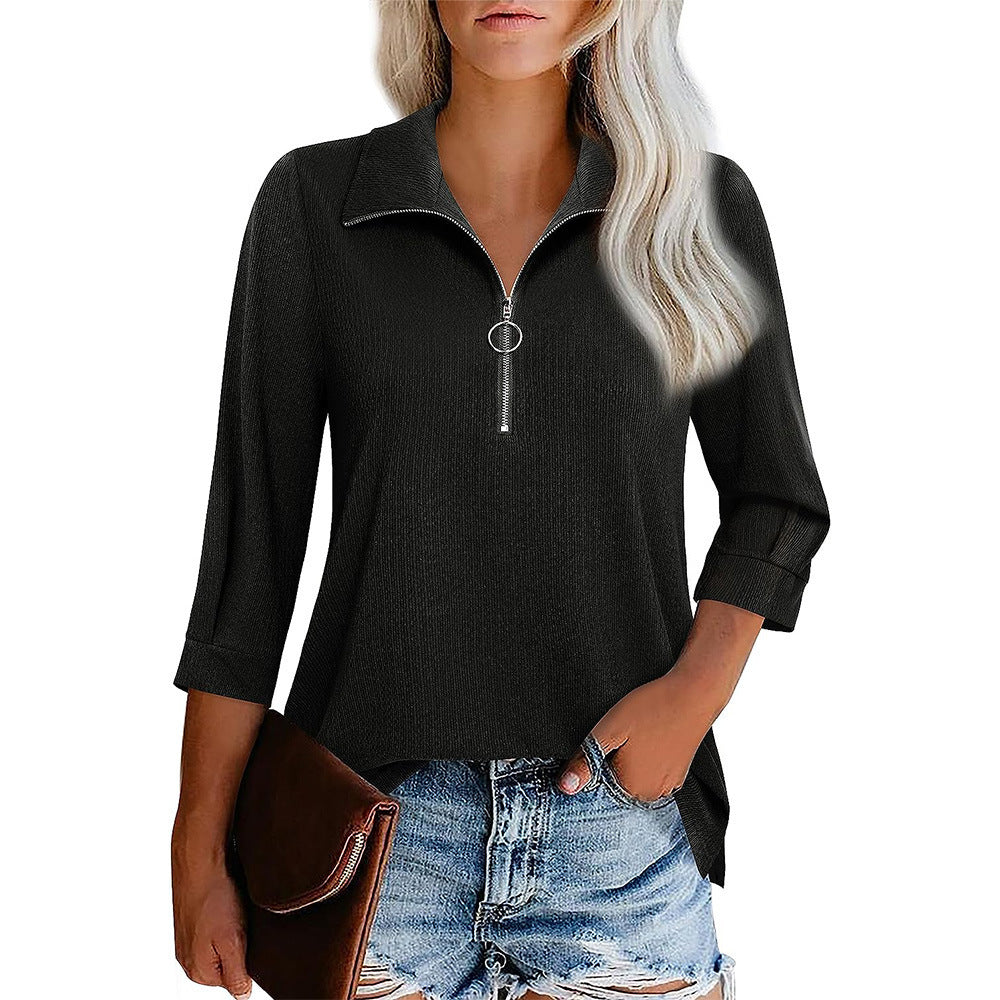 Women's Cool Three-quarter Sleeve Zipper T-shirt Blouses