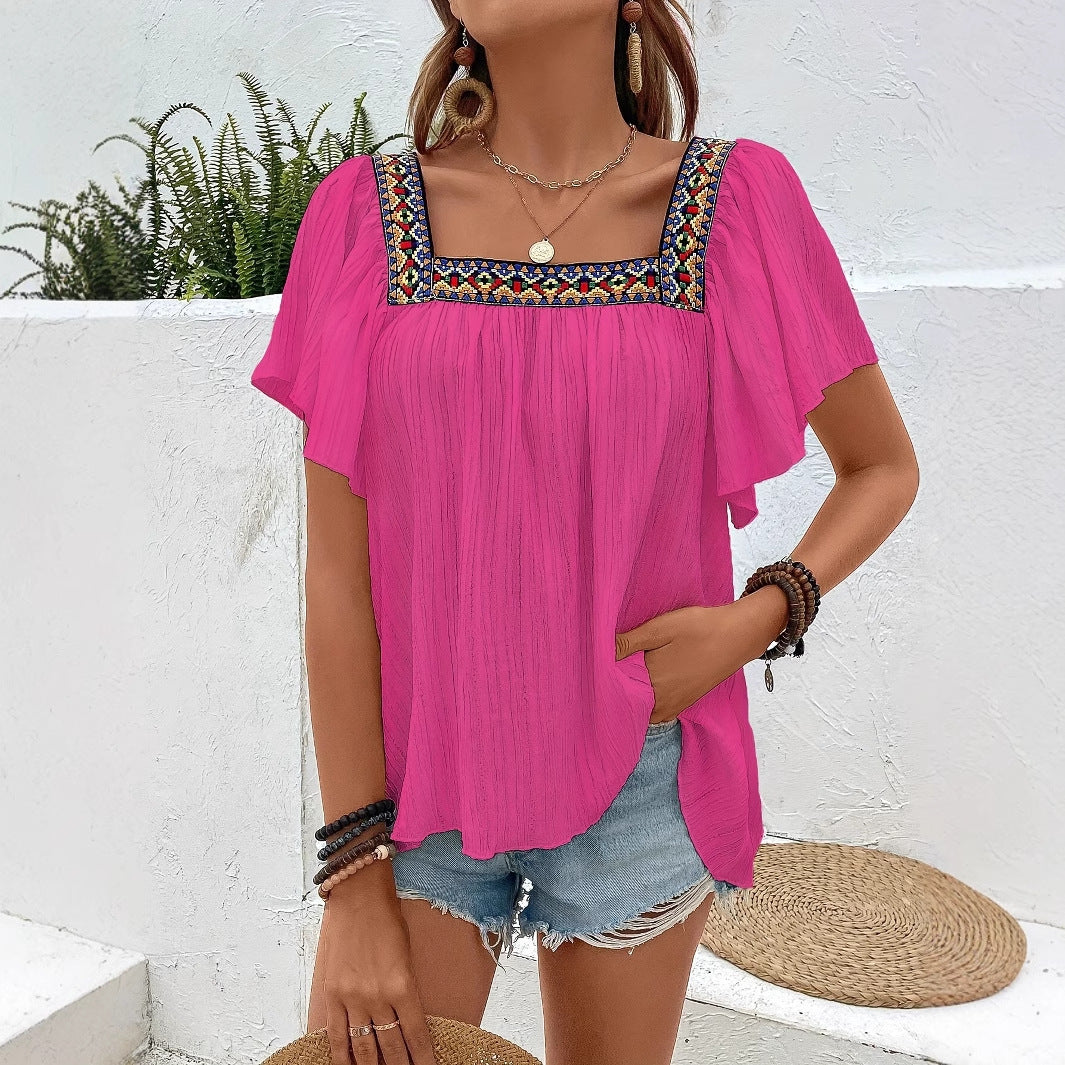 Women's Fashion Summer Square Collar Embroidered Irregular Blouses