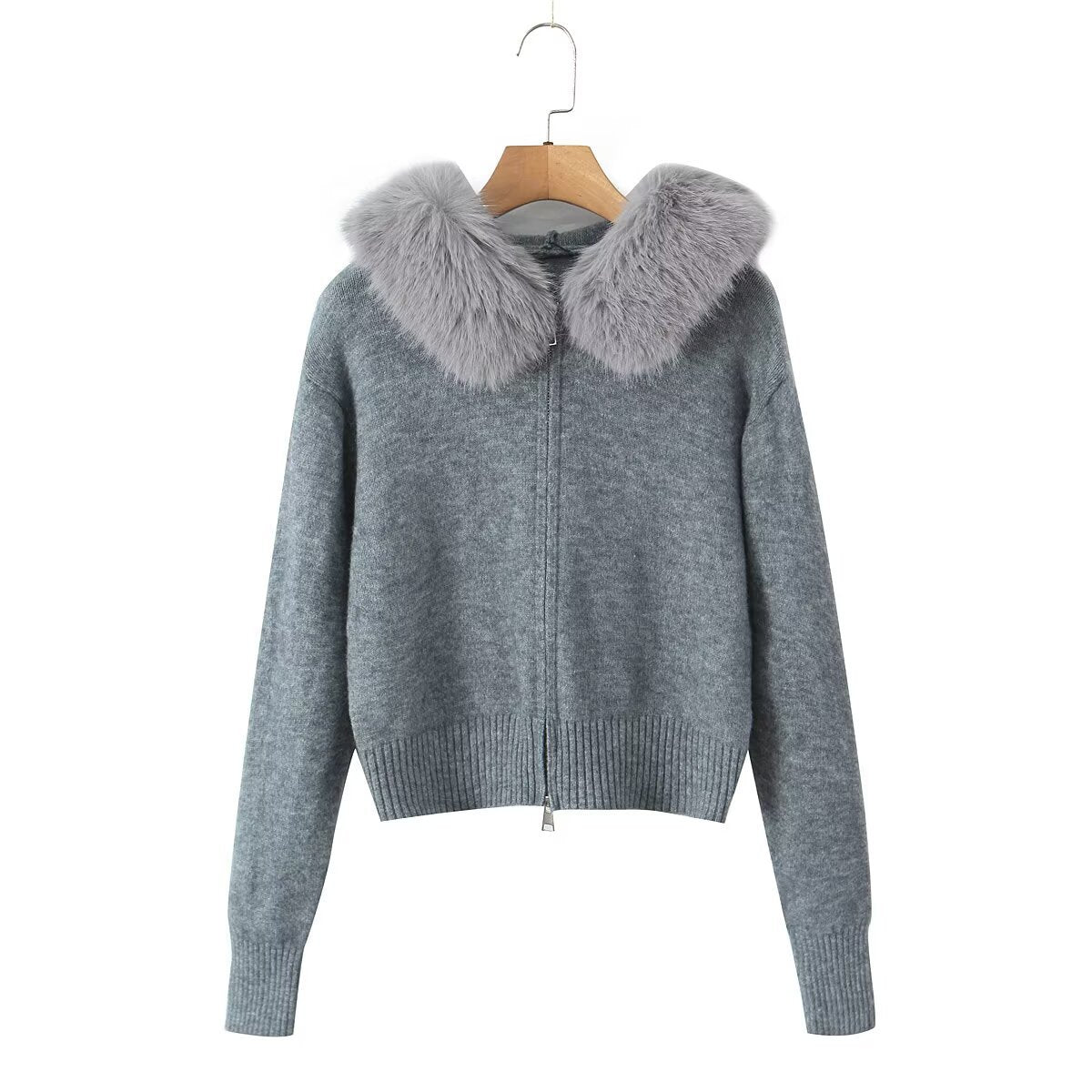 Women's Fake Fur Collar Hooded Long-sleeved Zipper Sweaters