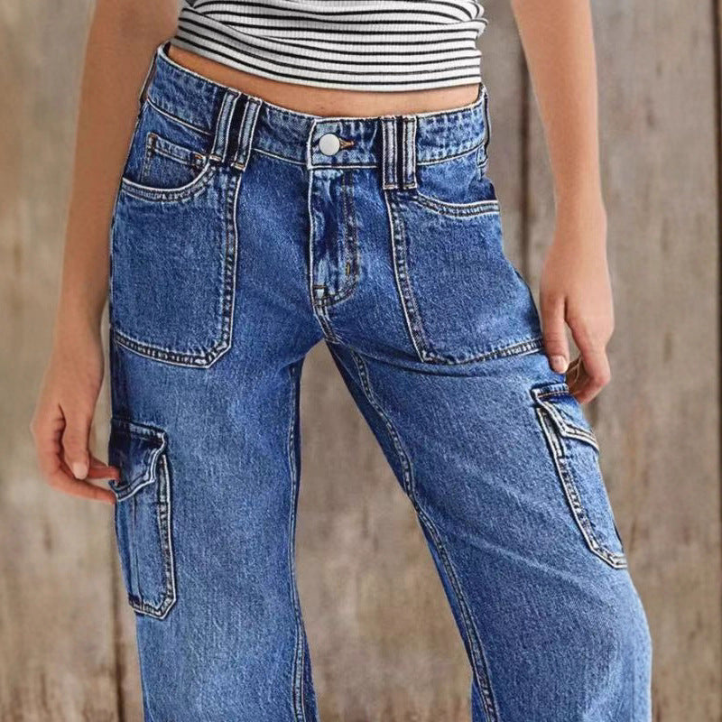 Women's Straight Stretch Slim Cargo With Large Jeans
