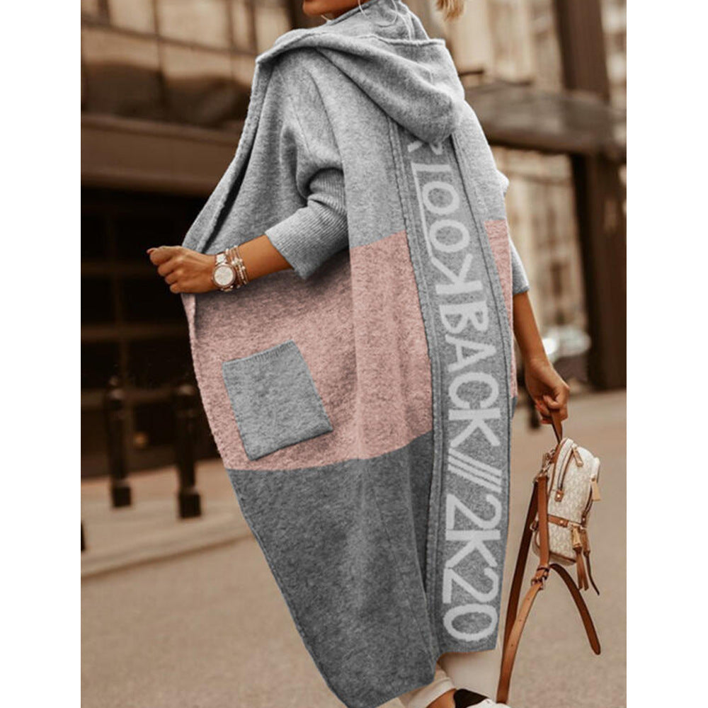 Women's Color Matching Pocket Hooded Casual Long Knitwear