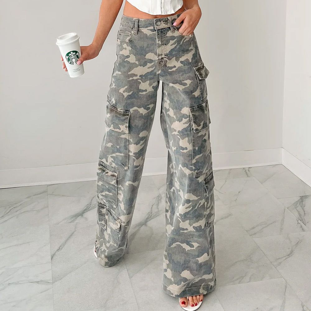 Women's Autumn Fashion Casual Camouflage Straight Worn Jeans