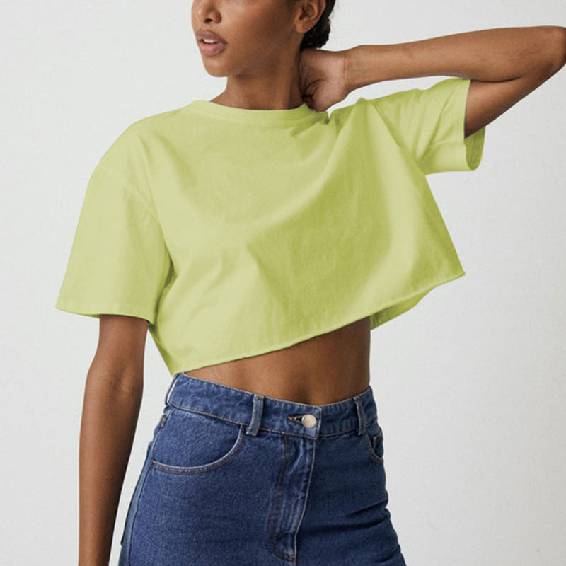 Women's Hot Short-sleeved T-shirt Summer Pure Cotton Solid Color Navel Blouses