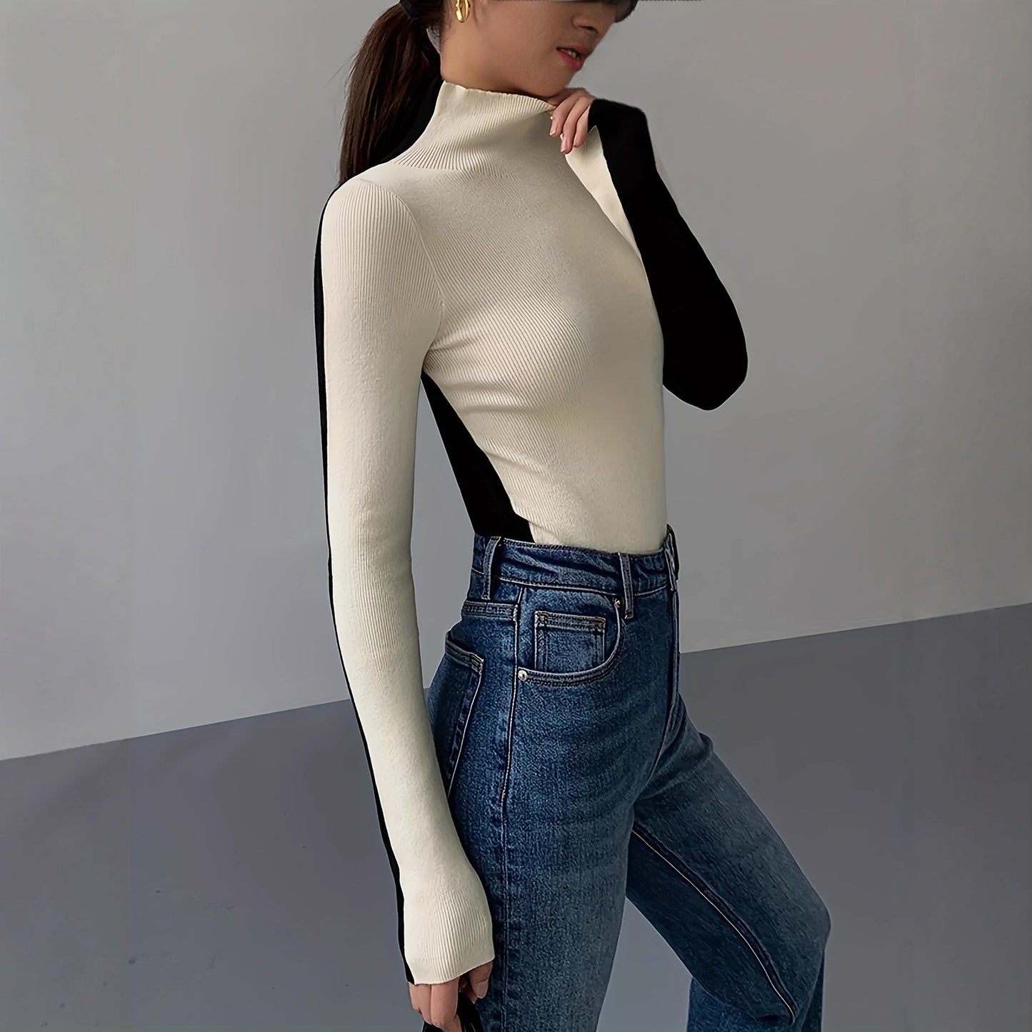 Small Stand Collar Knitted Long Sleeve Slim Fit Women's Sweater