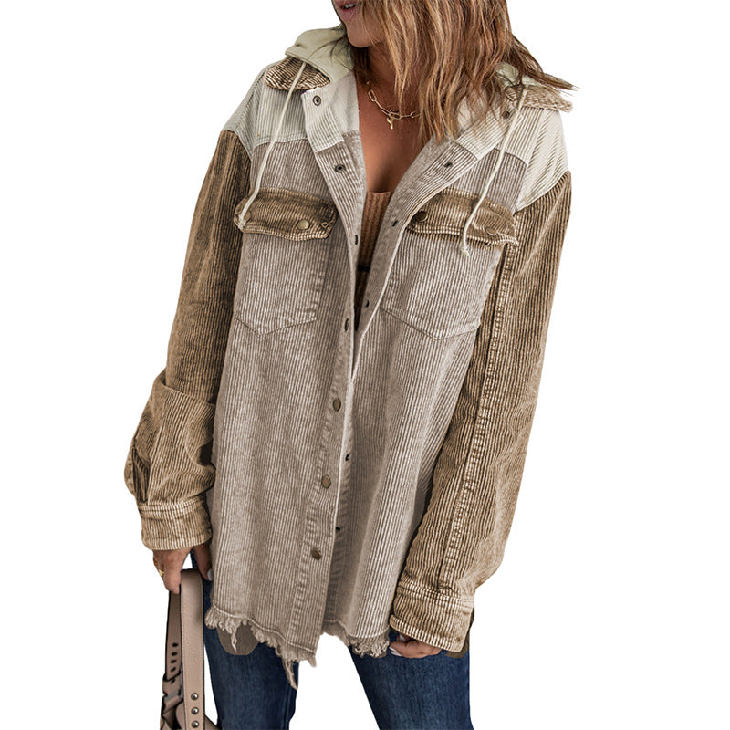 Women's Hooded For Color Contrast Patchwork Single-breasted Jackets
