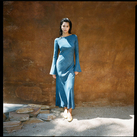 Women's Blue Sexy Silk Long Sleeve Dress Sun Protection Dresses