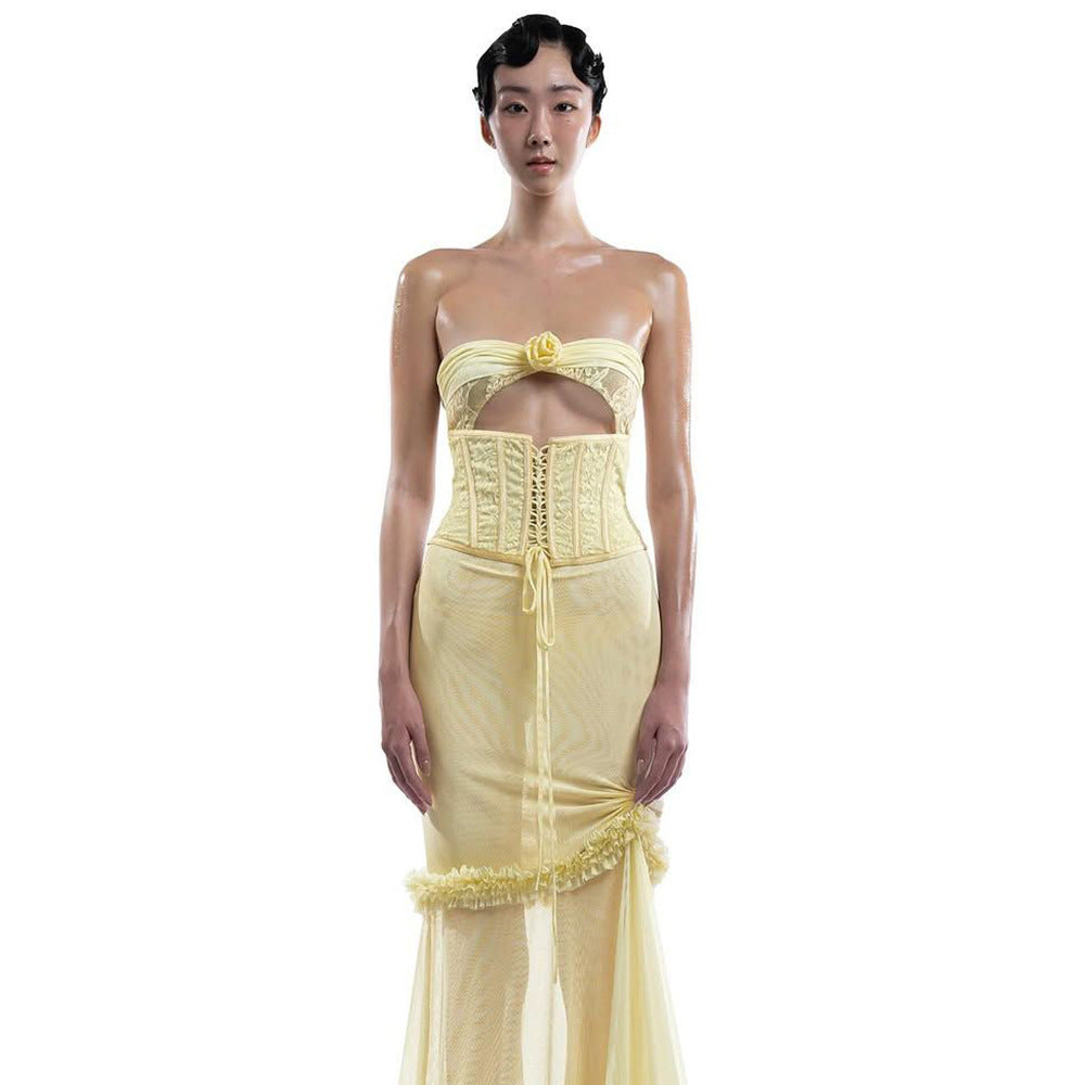 Women's Sexy Lacing Dress Flower Decorative Mesh Dresses