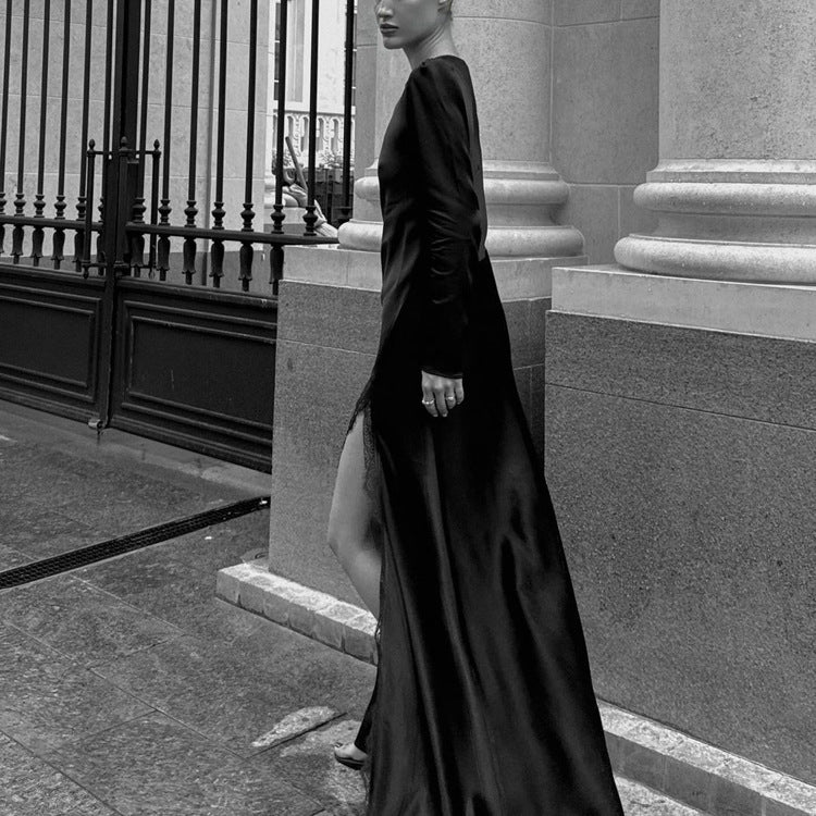 Women's Lace Stitching Design Split Elegant Dress Round Neck Dresses