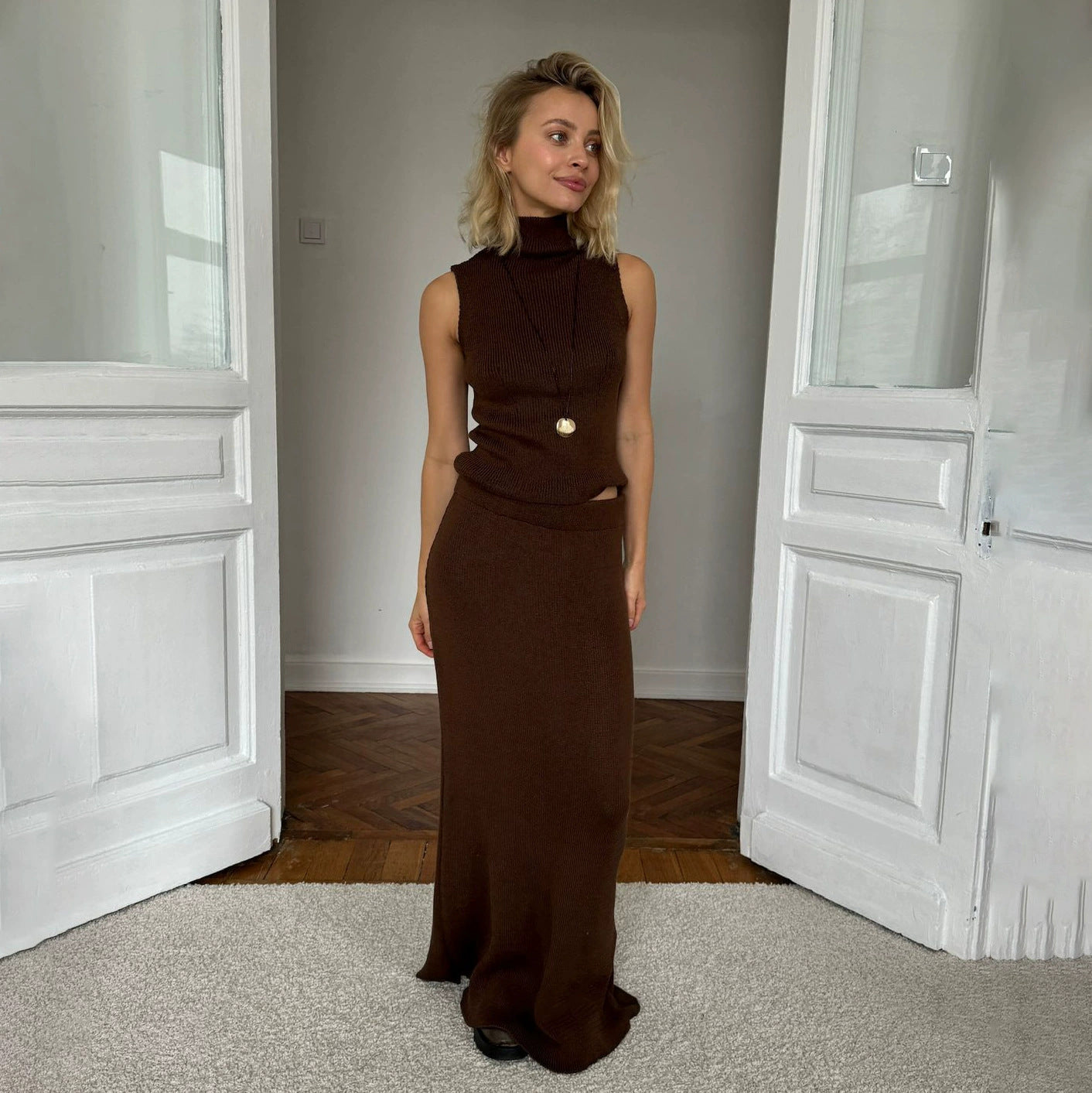 Knitted Turtleneck Green French Style Two-piece Skirts
