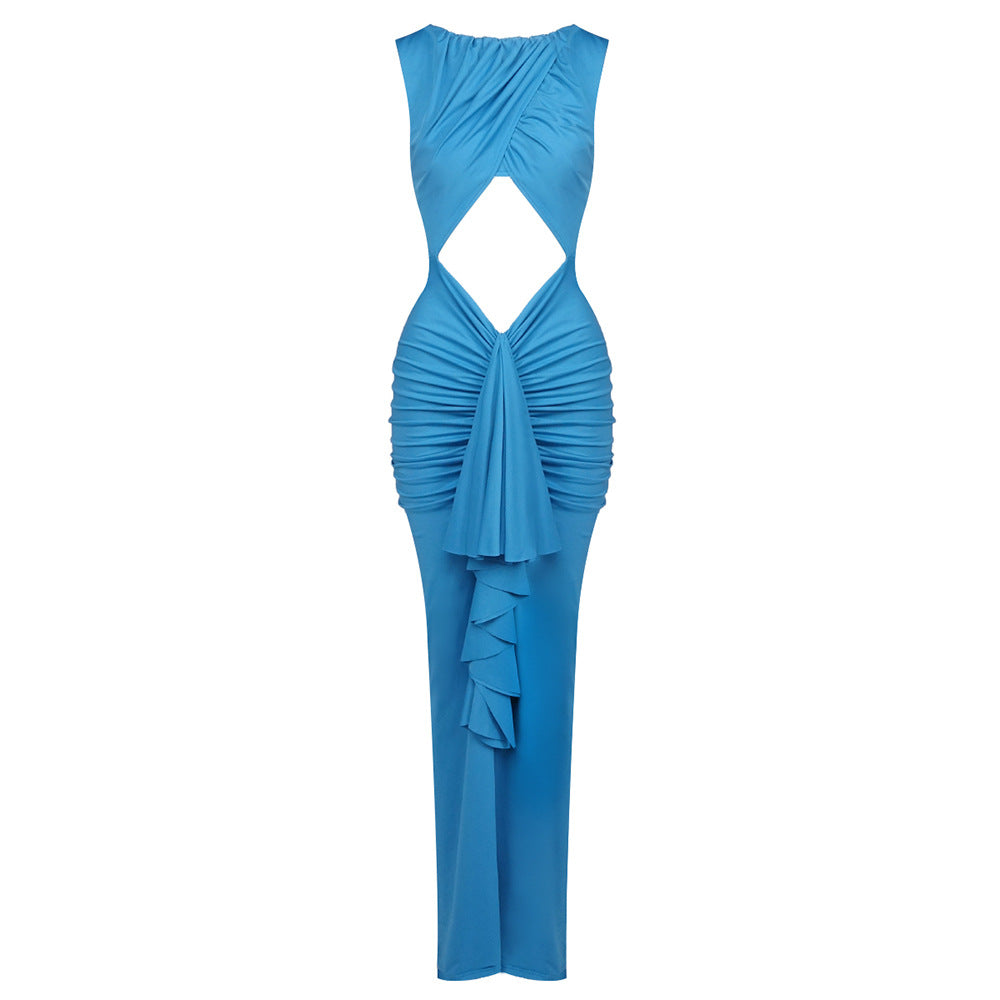 Women's Elegant Stitching Sexy Dress Blue Hollow High Dresses