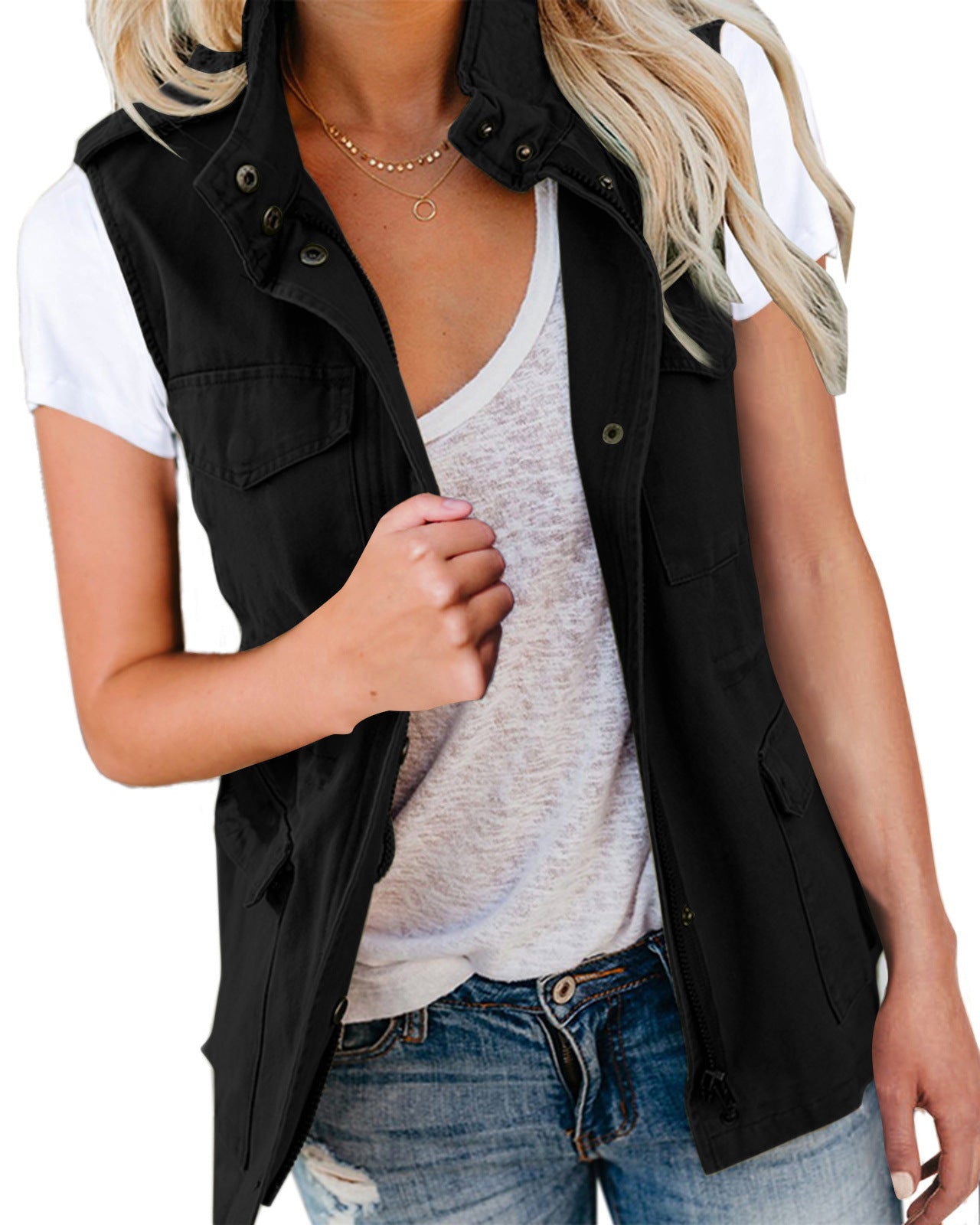 Fashion Solid Color Drawstring With Pocket Vests