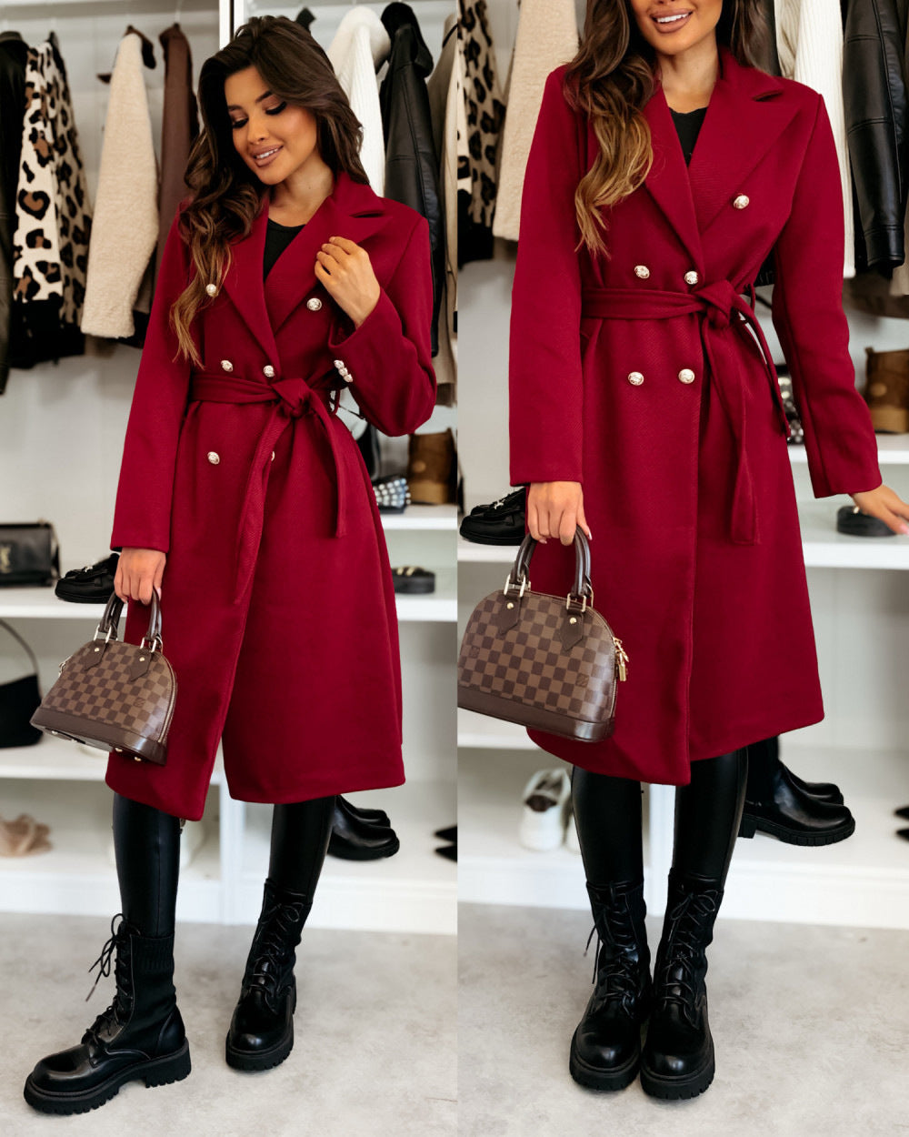 Women's Fashion Simple Solid Color Double-breasted Woolen Coats