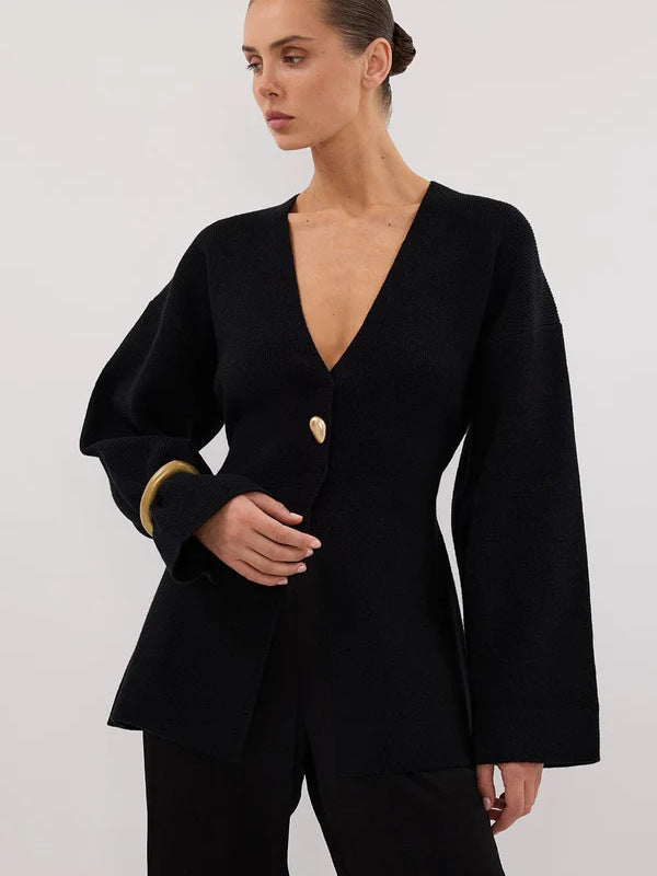 Sleeve Pullover White One Button Strap Sweaters