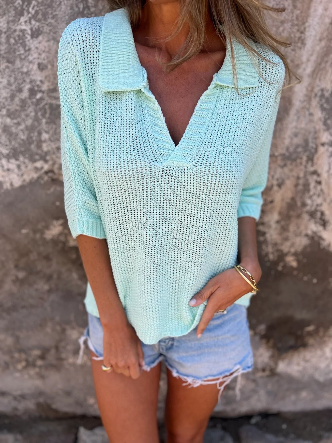 Women's Summer Lapel Sleeve Solid Color Bottoming Blouses
