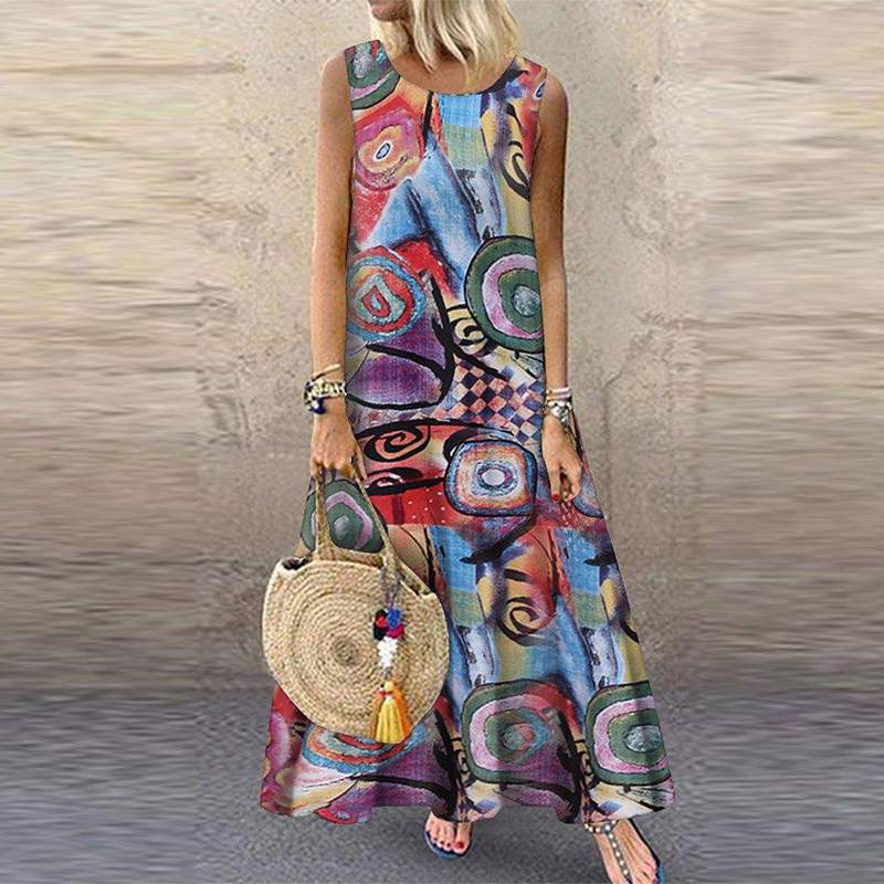 Women's Printed Cotton Linen Sleeveless Large Long Dresses