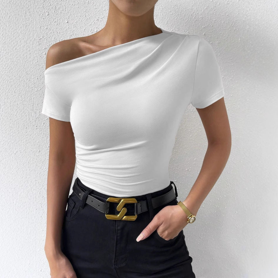 Slim Fit Pleating Irregular Sleeve T-shirt Tops