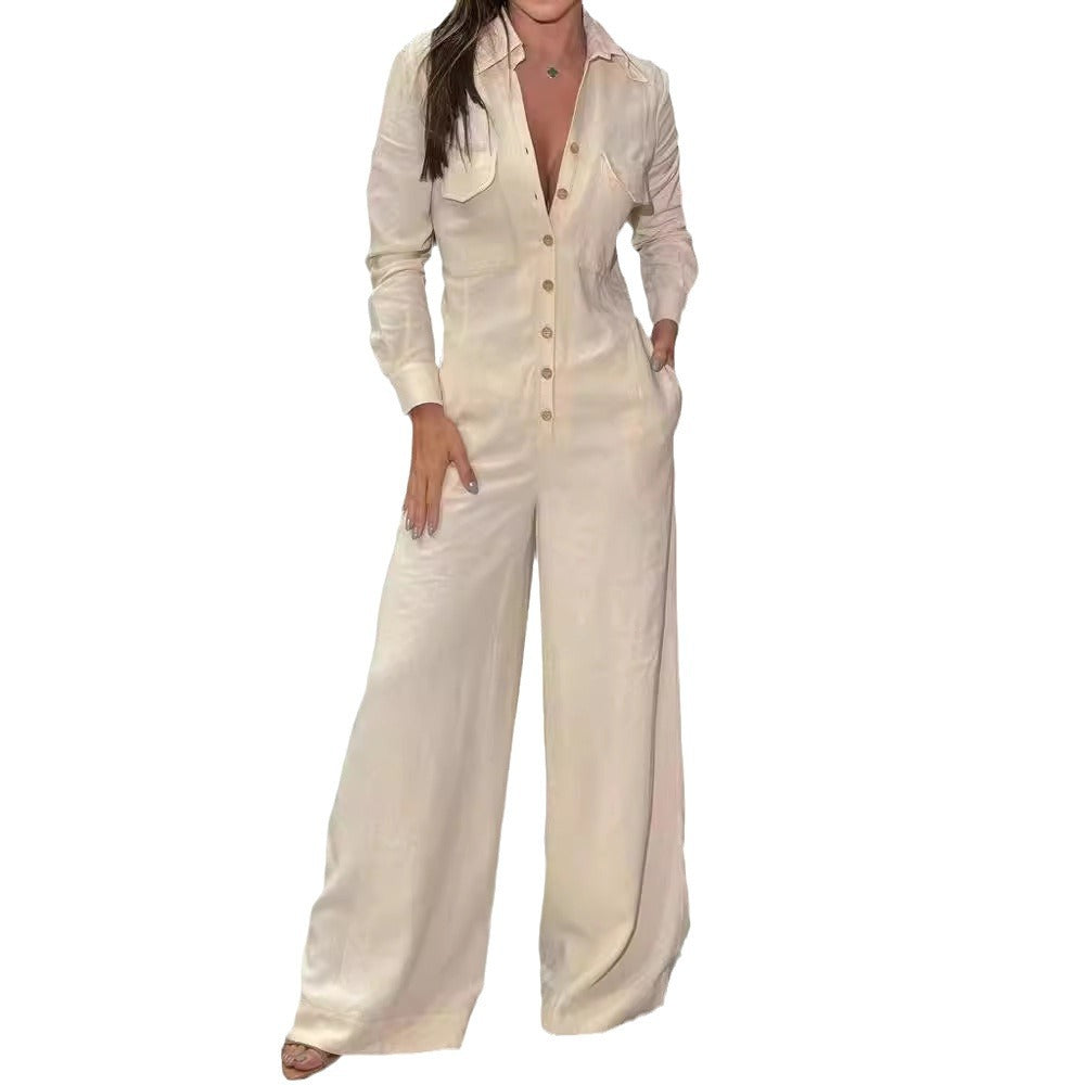 Color Polo Collar Pocket Slim Fit Jumpsuits