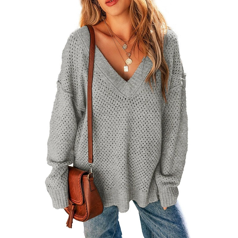 Women's Autumn Solid Color Long-sleeved Simple Hollow Sweaters