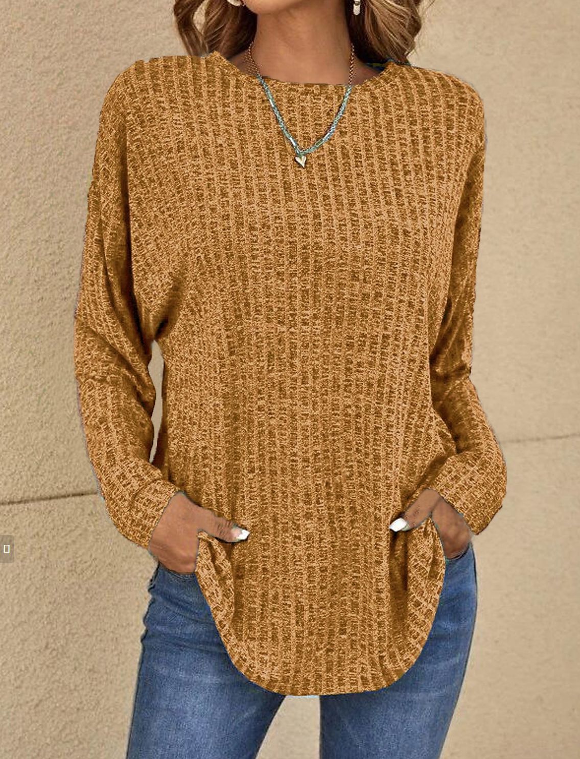 Women's Long Sleeve Round Neck Sunken Stripe Blouses