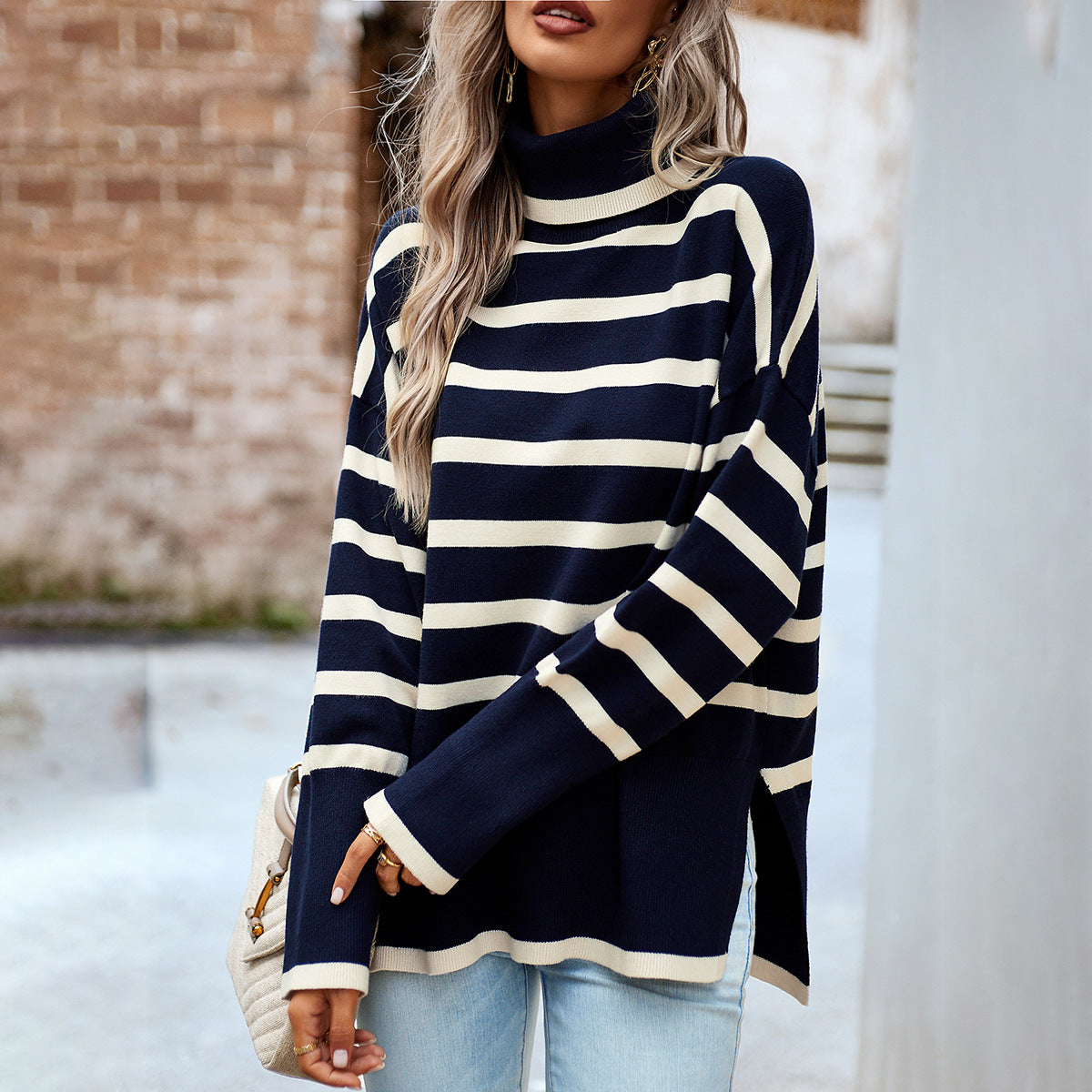 Women's Attractive Charming Striped Turtleneck Knitted Sweaters