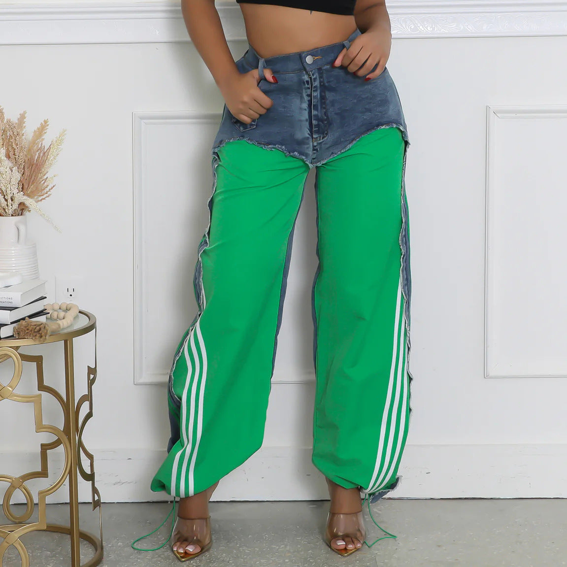 Women's Goods Fashion American Street Stitching Design Striped Jeans