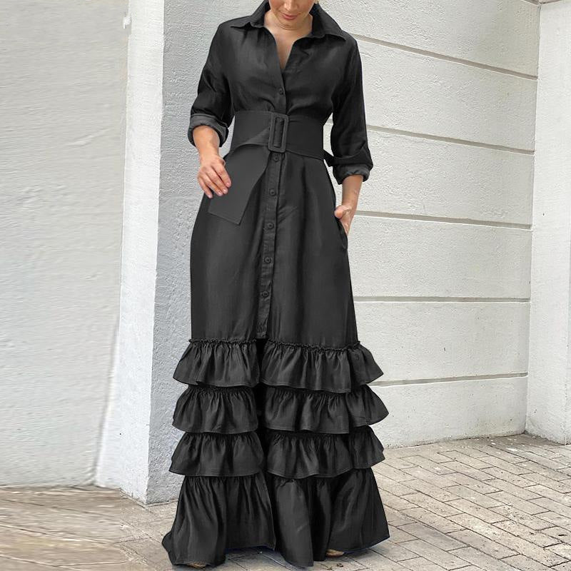 Long Solid Color Polo Collar Series Belt Dress