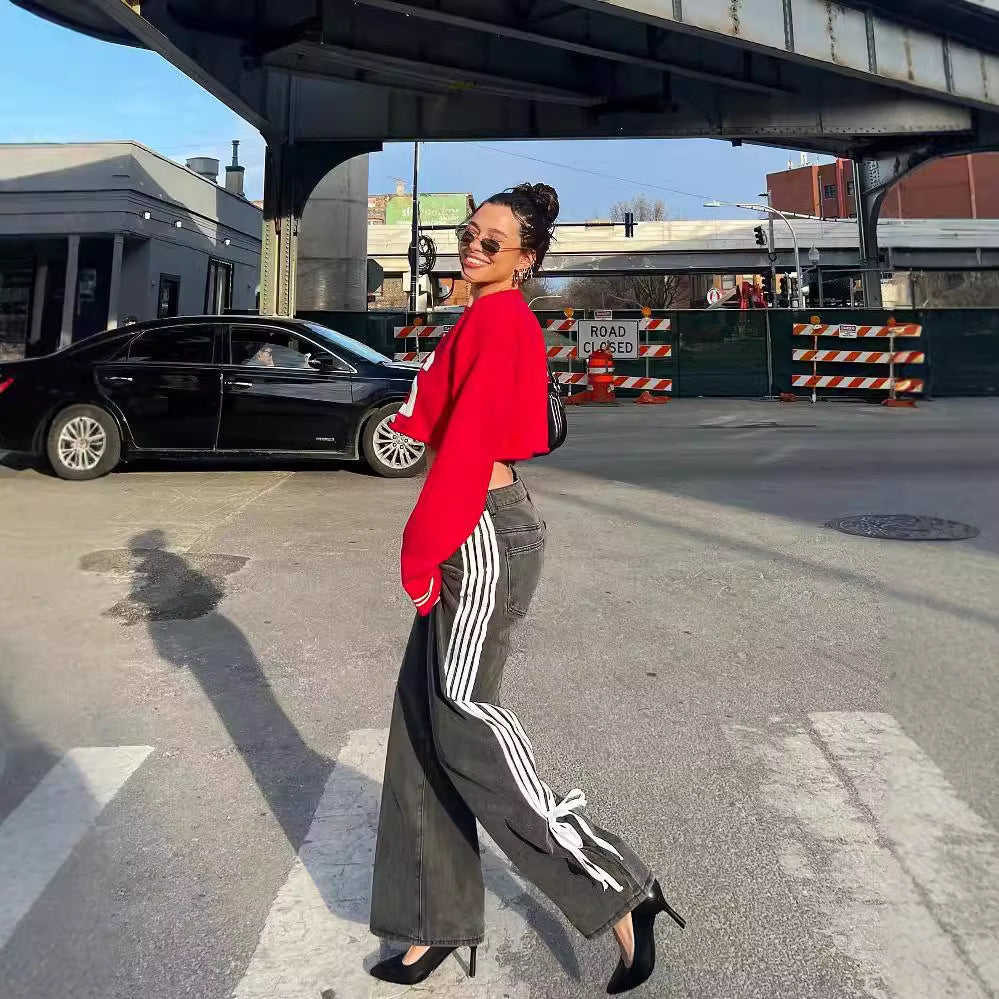 Women's Fashion Casual Loose Ribbon Belt Design Jeans