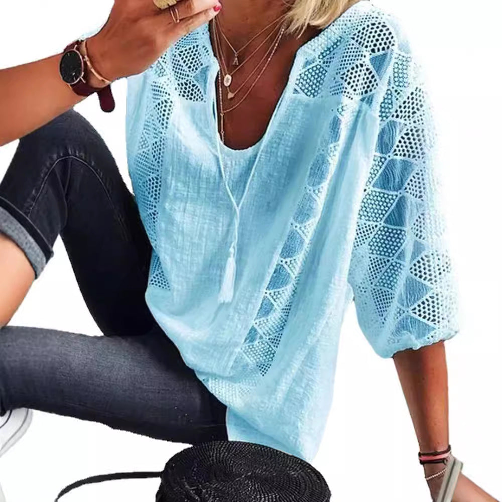 Women's Lace Shirt Stitching Collar T-shirt Blouses