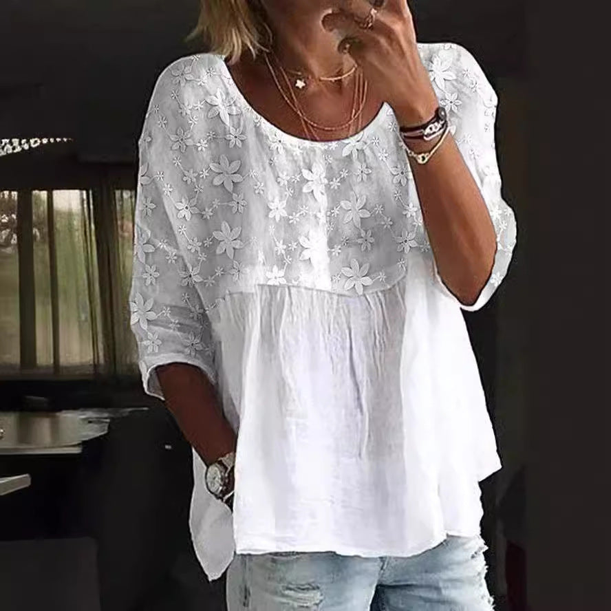 Women's Lace Stitching Printing White Temperament Long Blouses
