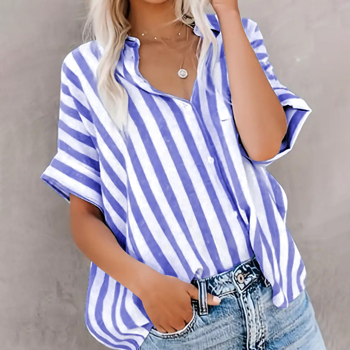 Women's Casual Loose Two-tone Striped Sleeve Shirt Blouses